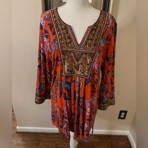 Beautiful Soft Surroundings 3/4 Sleeve Tunic. Sz L Gorgeous Beading & Colors!